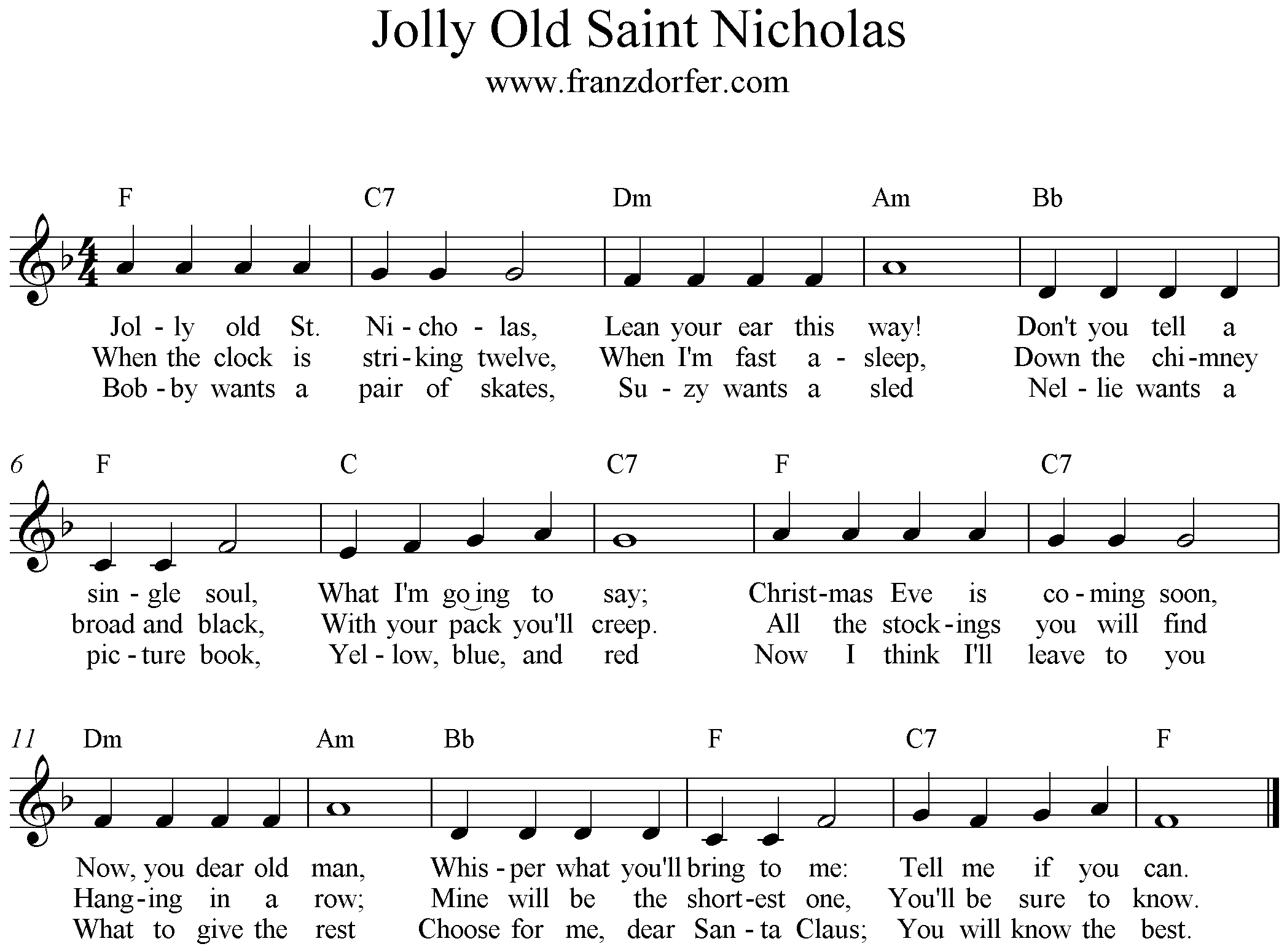 Freesheetmusic, Jooly Old Saint Nicholas, F-Major
